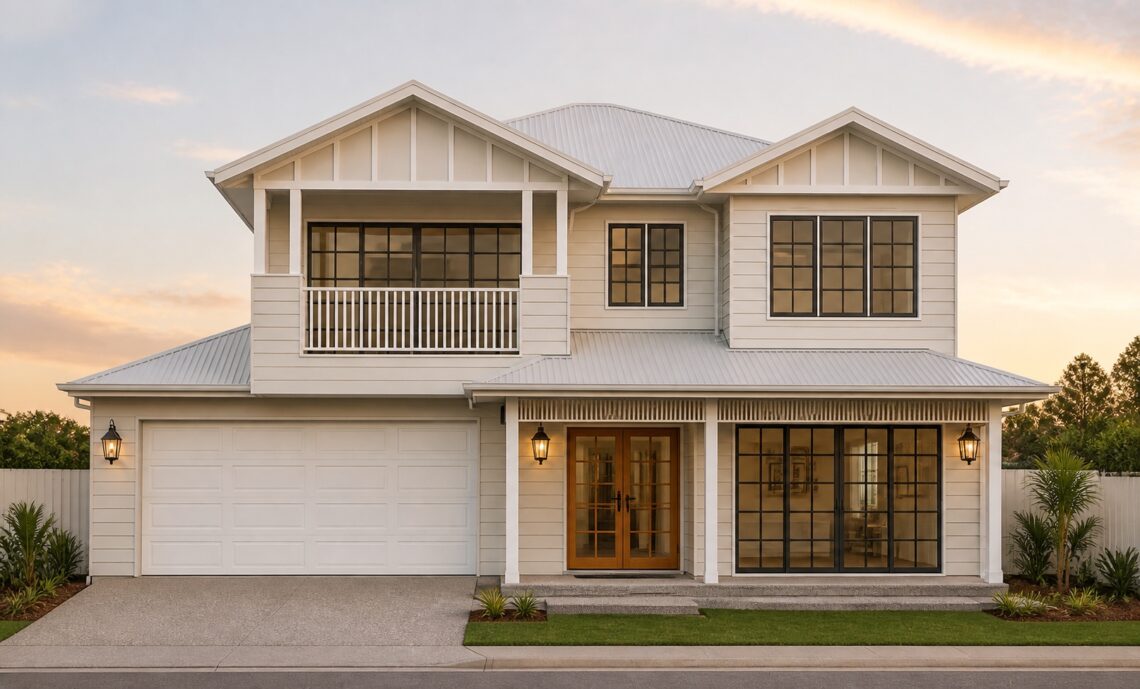 Paddington Collection facade at dusk, two storey Queenslander style home by Bold Living
