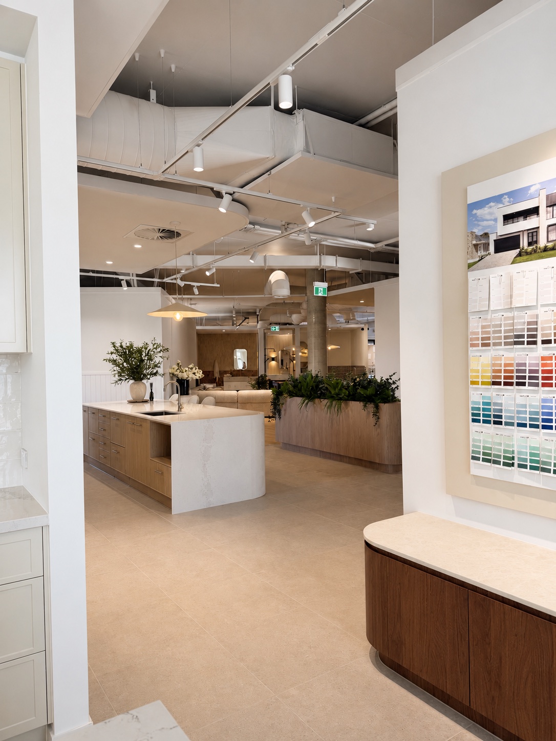 Studio Bold selections studio entry, looking through to the kitchen display and paint colour wall