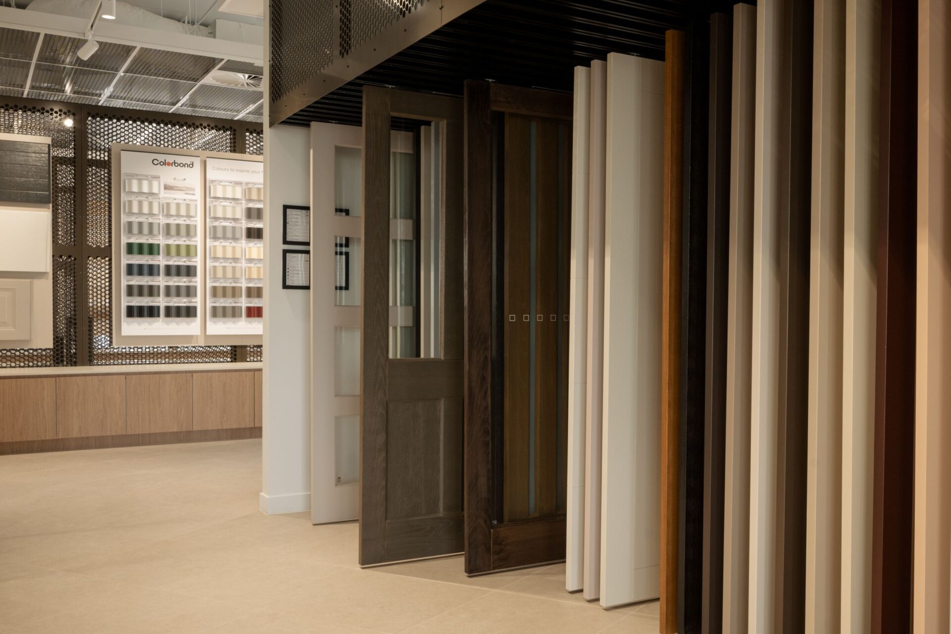Internal and entry door samples hanging in a row